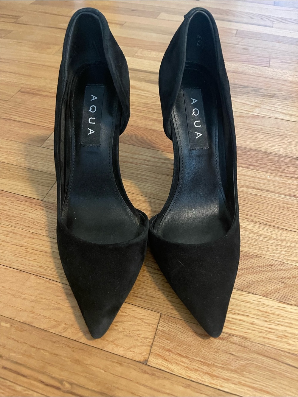 Aqua Dion Half D'Orsay Suede High Heel Pumps Black Leather 6 1/2